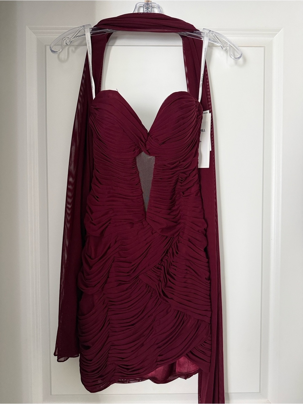 Sherri Hill Burgundy Ruched Mini Dress with Matching Shawl